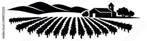 Silhouette illustration of a vineyard landscape depicting a farm and grape rows for winemaking