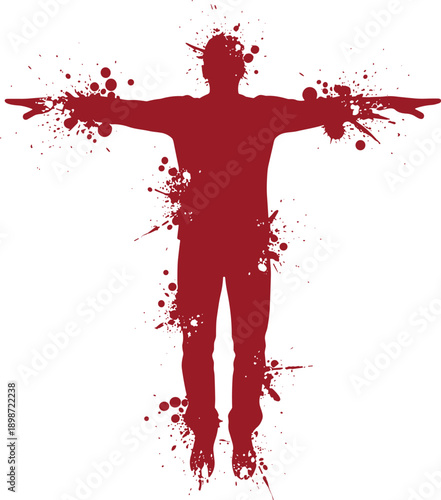 Conceptual Red Silhouette of a Man with Paint Splatter and Ink Drips Effect Isolated on White Background for Creative Artistic Designs