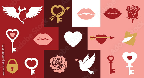 A collection of romantic and symbolic icons representing love and affection in various shades of red and pink.