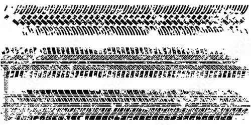 Grunge Tire Track Vector Set – Car, Motorcycle and Bicycle Tyre Marks Silhouettes Isolated
 on White