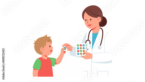 Caring Doctor with Young Patient: A compassionate doctor extends a helping hand, offering essential medication to a young patient in a reassuring and nurturing environment. 
