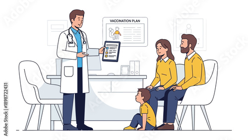Health Discussion: A doctor explains the vaccination plan to a family in a clinical setting, fostering informed decision-making and preventative healthcare