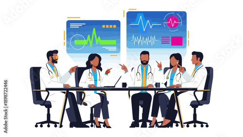 Medical Collaboration: A team of doctors huddled around a table, engaged in a discussion of patient data displayed on monitors.