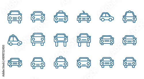 Set of car icons in blue outline