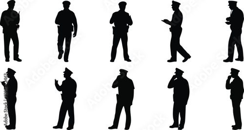 Police Officer Silhouette Illustration Set with Male Law Enforcement Poses