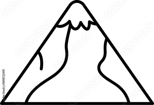 Simple black and white line art icon depicting a stylized mountain peak enclosed within a bold triangular frame suitable for outdoor adventure logos or abstract nature concepts.