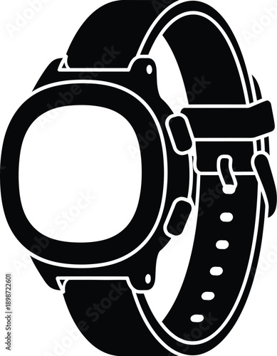 A simple black and white line art icon representing a modern smartwatch with a large screen and adjustable band