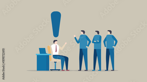 Vector illustration of businessman with exclamation mark talking to colleagues, office communication concept for presentation or website