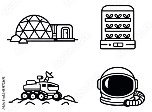 Line art space exploration set featuring a space habitat, indoor garden, Mars rover, and astronaut helmet for future science and technology