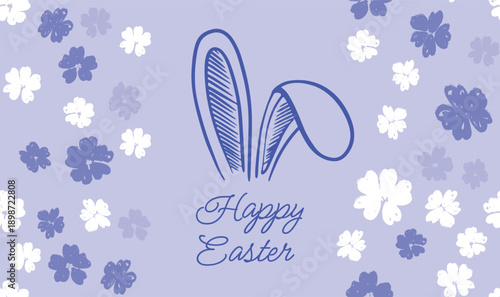 Rabbits's ears with flowers on blue, Happy Easter. Hand drawn illustration.	
