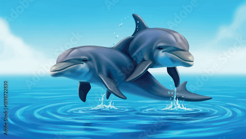 Two cheerful dolphins leaping joyfully from the bright blue ocean water creating dramatic splashes under a clear and sunny sky background illustration