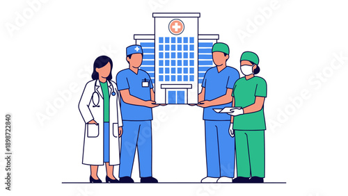 Hospital Handover Illustration: Medical professionals gather, symbolically passing a model of a hospital building, representing collaboration and dedication to healthcare excellence.