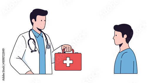 Doctor with patient: A doctor, holding a medical case, stands attentively beside a patient. An illustration of medical attention.