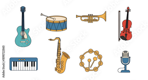 Musical instruments on white background