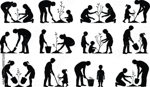 Black silhouettes of people planting trees and gardening