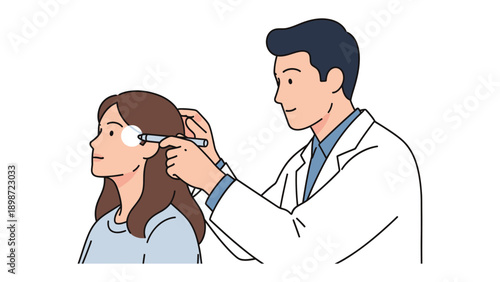 Medical Examination: A compassionate doctor, clad in a crisp white coat, gently examines a patient's ear with specialized equipment, ensuring precise diagnosis and attentive care.