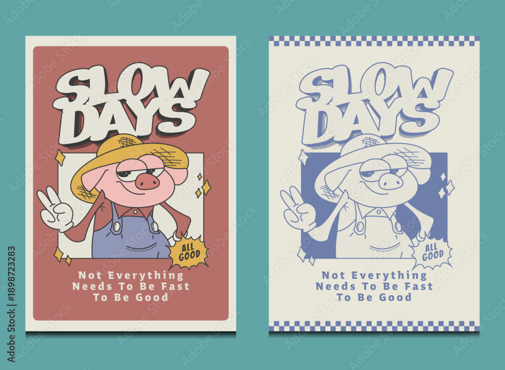 Obraz premium retro style cartoon pig illustration with positive slow-life vibes. simple vector poster design suitable for t-shirts, wall art, and print projects
