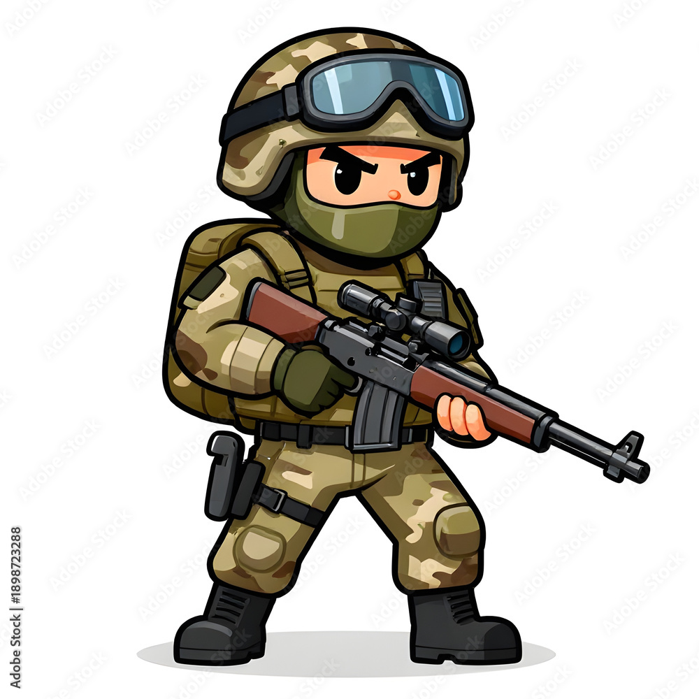 Obraz premium A sturdy special forces soldier with a combat weapon, fully equipped in special combat gear. Cartoon mascot, illustration, clean lines, flat design, modern, high quality