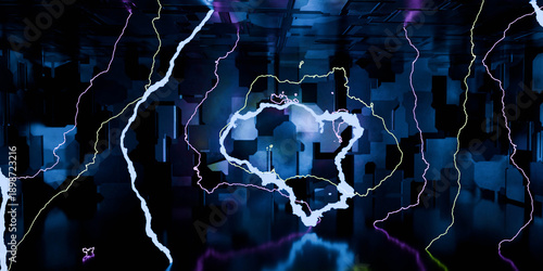 Neon lightning over cubic cityscape