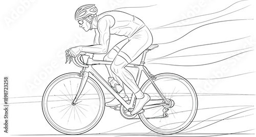 Detailed black and white line art illustration shows a competitive cyclist aggressively pedaling a road bicycle while leaning forward in a low aerodynamic tuck position during a race.