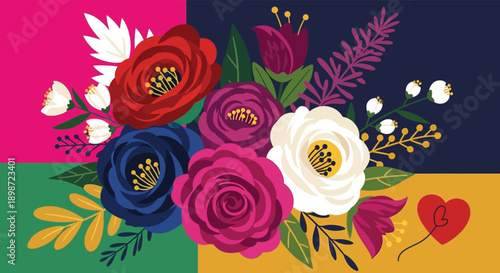 A vibrant floral arrangement with colorful roses and leaves on a multicolored background