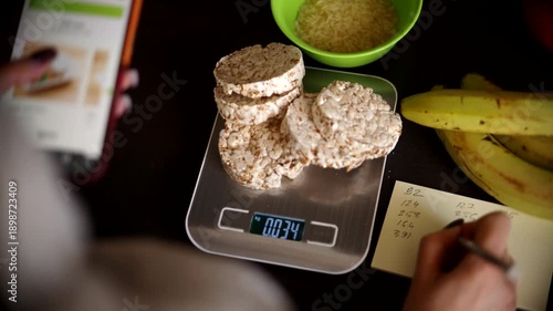 Woman Using Smartphone App for Writing Down Calories
and Diet Planning. Healthy Eating and Weight Loss Management 