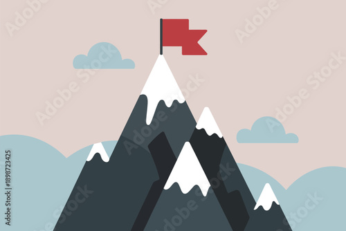 Mountain peak with red flag on the summit, symbolizing business goal achievement, leadership, mission accomplished, overcoming challenges, success concept, and professional growth vector illustration.
