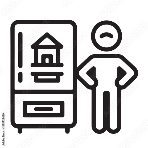 A person standing next to a museum exhibit display case, viewing an artifact or information about a building