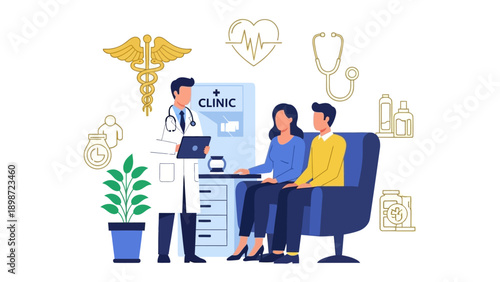 Health consultation and medical icons: A medical professional consults with a couple, surrounded by medical symbols, illustrating a scene of care and support. 