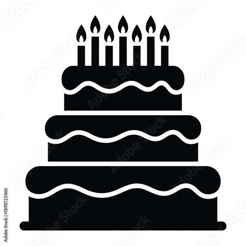 Three-tiered birthday cake with lit candles on top, decorated with wavy frosting, celebrating event, party icon, vector illustration