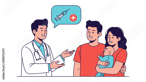 Doctor's Guidance on Vaccination: A healthcare professional advises a young family about vaccination, with an image of a syringe with a plus sign.