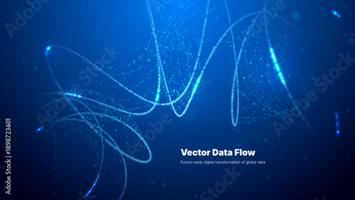 Abstract blue vector background depicting big data flow and digital transformation with glowing lines. Futuristic tech concept with DNA helix structure, electricity signals and sparkling particles.