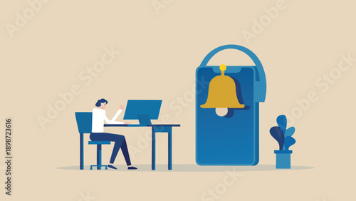 Vector illustration of person working on laptop next to giant smartphone with notification bell, for website or app UI mockup, isolated on transparent background, png