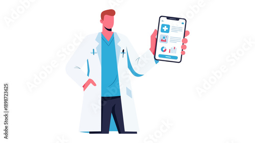 Medical professional with the tech: A doctor, presenting a user-friendly mobile application interface showcasing medical data, signifies the fusion of medicine and innovation.