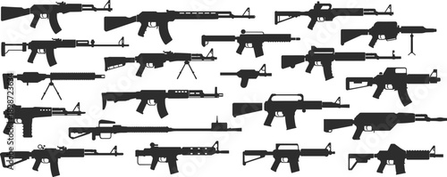 Black silhouettes of various firearms on white background guns rifles machine guns