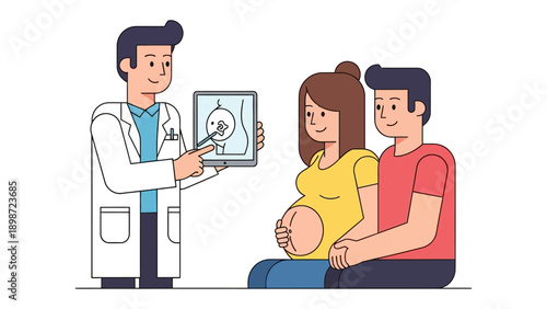 Expectant Parents' Consultation: A doctor explains ultrasound results to a soon-to-be mother and her partner, symbolizing the beginning of their journey into parenthood. 