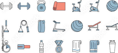 Collection of simple line icons representing various fitness equipment and accessories for workout routines including weights cardio machines and personal achievement symbols