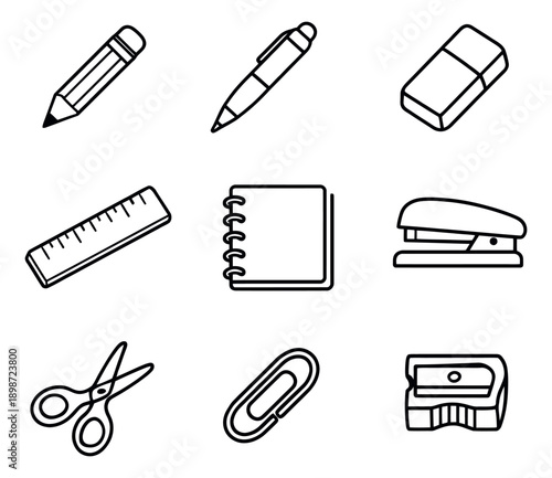 Hand drawn line art stationery and office supplies set featuring essential work tools for education and business