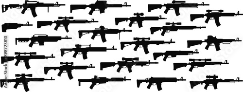 Black silhouettes of various rifles and guns white background