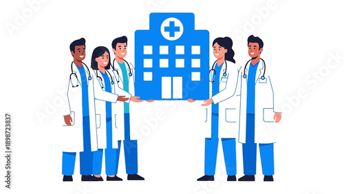Healthcare United: A team of dedicated healthcare professionals, united in purpose, stands together holding the symbolic representation of a medical institution, a beacon of hope and care.