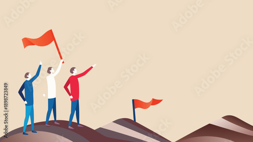 Vector illustration of three people standing on a hill waving red flags, teamwork or success concept for banner or poster, isolated on transparent background, png