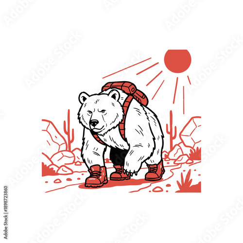 Bear hiking artwork for t-shirt design. Outdoor adventure vector graphic. Bear wearing boots and backpack. Desert vintage wilderness illustration. Exp