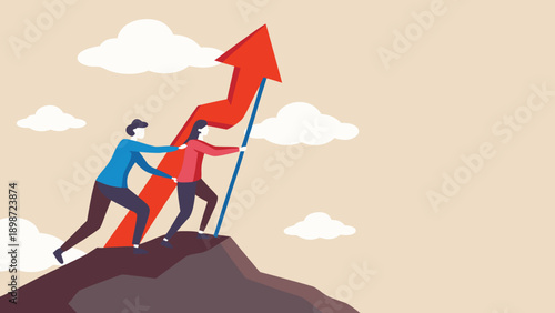 Vector illustration of two business people climbing a hill with a red arrow, teamwork and success concept for presentation or website
