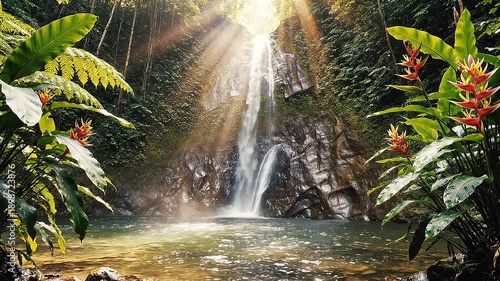 Wallpaper Mural Tropical waterfall cascading down rocky slope surrounded by lush greenery and vibrant plants, with sunlight filtering through Torontodigital.ca