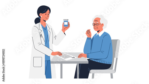Healthcare Consultation: A compassionate doctor explains medication to an elderly patient, fostering trust and care in a medical setting.