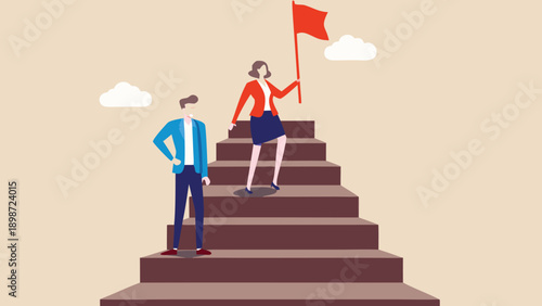 Vector illustration of business people on stairs with flag, success or leadership concept for presentation, website or marketing material, Isolated on transparent background, png