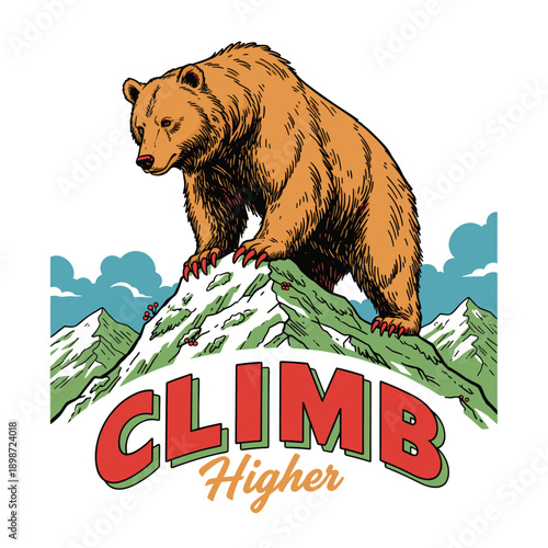 Bear on mountain vintage artwork for t-shirt. Climb Higher typography design. Outdoor t shirt vector design. Wild nature grizzly bear mascot. Adventur