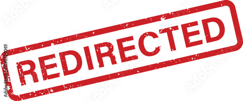 A vibrant red rubber stamp with the word REDIRECTED shows a textured grunge effect