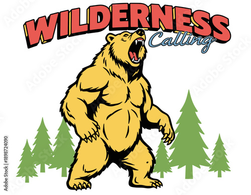 Bear vintage artwork for t-shirt design. Wilderness Calling typography slogan vector. Retro wildlife grizzly illustration. Outdoor adventure graphic p