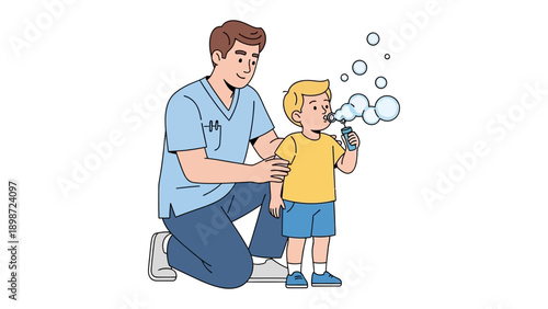 Bubbles of Joy: A father guides his son, creating bubbles in a moment of pure bliss and bonding, capturing a timeless connection and celebration of childhood.